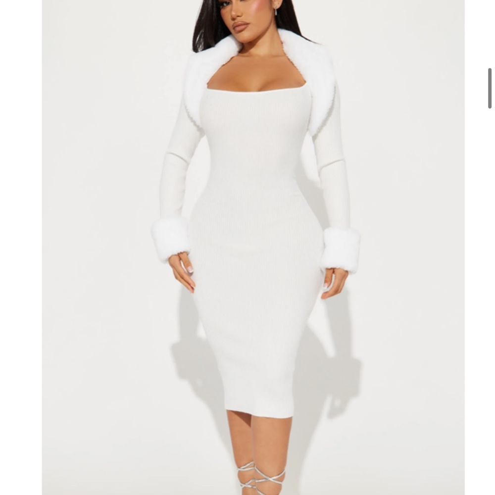 NEW White Faux Fur Ribbed MIDI Dress